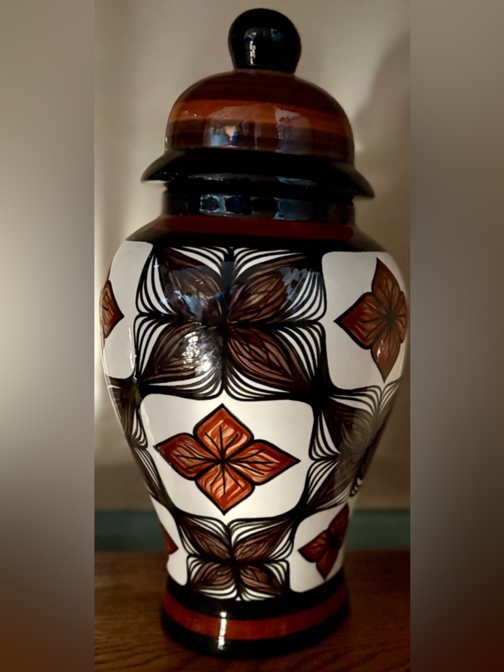 Vintage 70s Retro Floral Ceramic Canister / Ginger Jar Brown Mid Century Decor